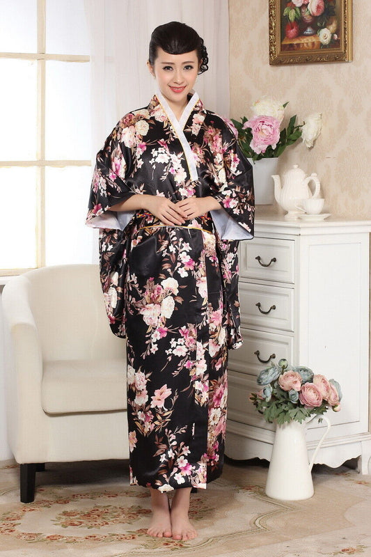 Japanese Oriental Elegant Spring Blossom Black Kimono Costume One Size kimono12