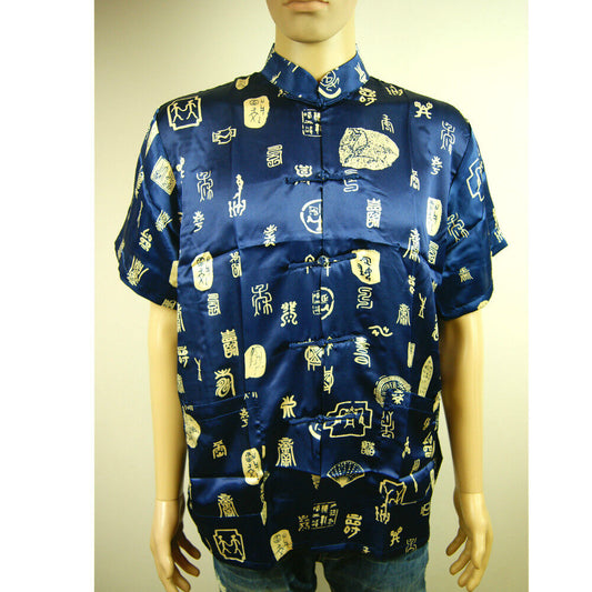 Chinese Oriental Mens Kung Fu Blue Gold Top Shirt Scripts Writings Charms cmssh4