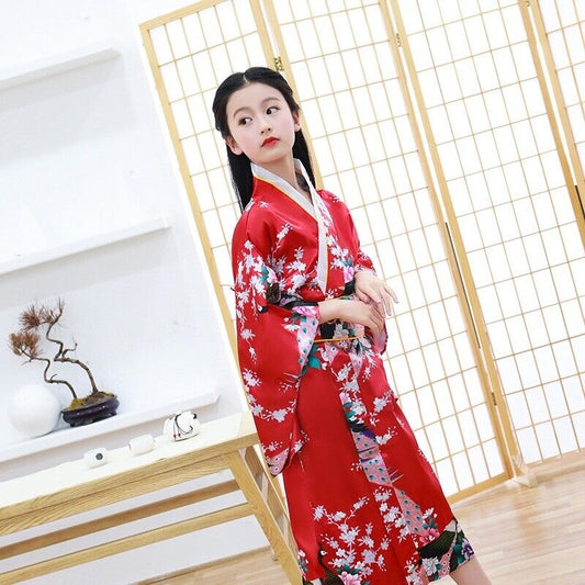 New Japanese Childrens Girls Red with Flower Prints Long Kimono Outfit gjk6