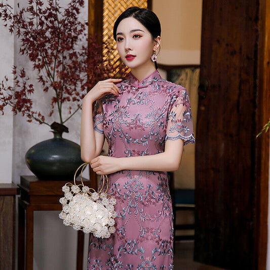 New Ladies Purple Mesh Embroidery Beaded Chinese Style Qipao Cheongsam Dress