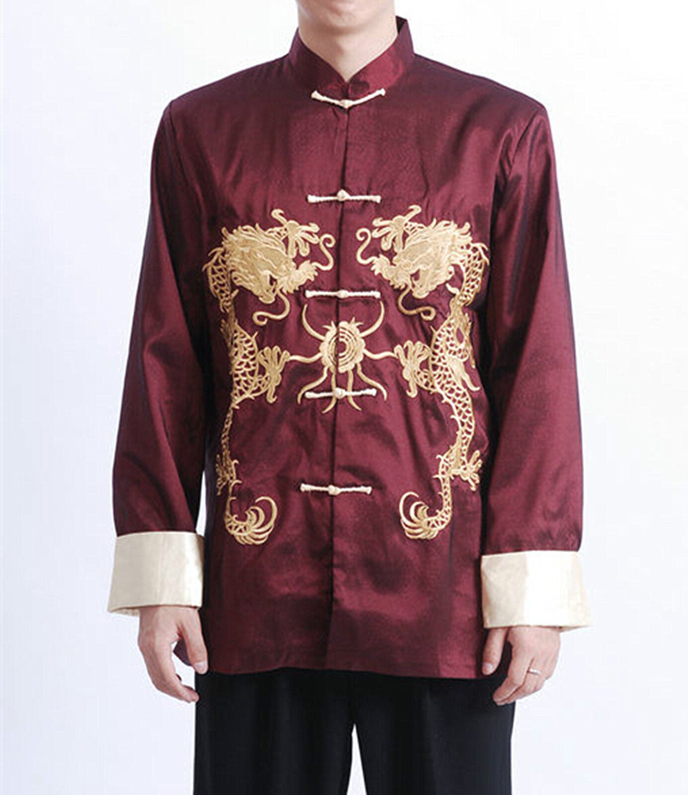 New Chinese Oriental Mens Kung Fu Satin Red Golden Dragon Top Long Shirt cmssh12