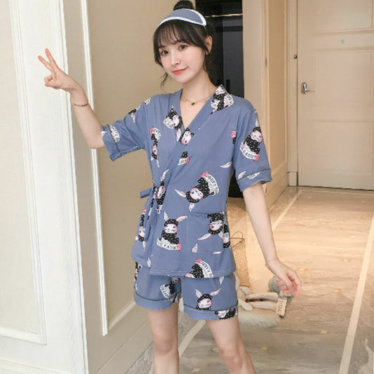Blue Chinese Japanese Cute Rabbits Cotton Short Ladies Kimono Pyjamas ladpj374