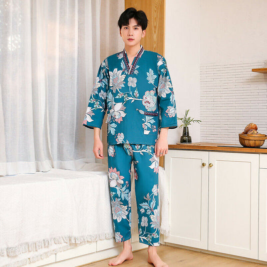 Chinese Japanese Mens Posh Blue Floral Long Kimono Pyjamas Pajamas menpjs56