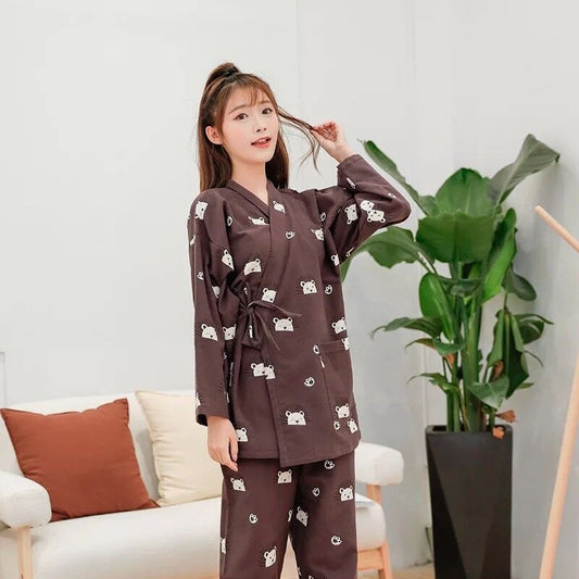 Ladies Womens Lions Oriental Japanese Coffee Kimono Long Pyjama Pajama ladpj193