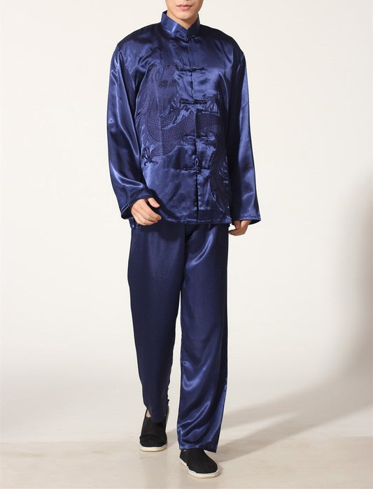New Chinese Oriental Mens Martial Kung Fu Blue Dragon Pyjamas Pajama Set menpjs9