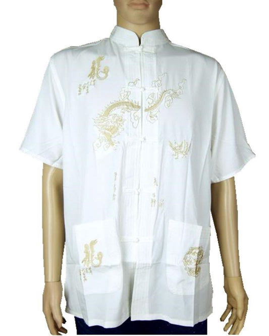 New Chinese Oriental Mens White Kung Fu Golden Dragon Top Short Shirt