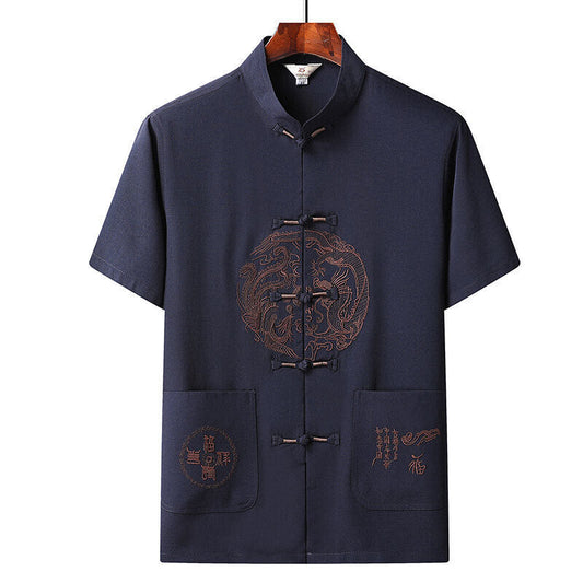 New Chinese Oriental Mens Kung Fu Navy Blue Embroidered Dragon Top Short Shirt