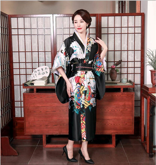 Japanese Oriental Elegant Spring Blossom Black Kimono Costume One Size kimono11