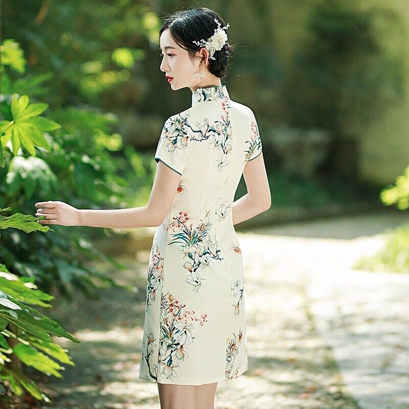 Ladies Spring Green Floral Prints Short Chinese Style Qipao Cheongsam Dress