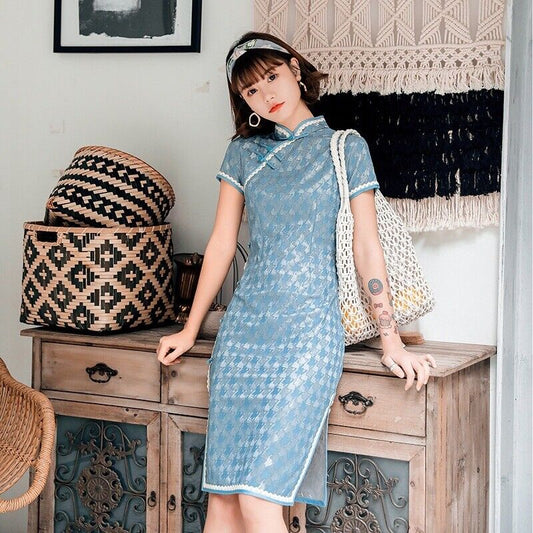 New Luxurious Chinese Blue Satin Short Dress Cheongsam Qipao lcdress143