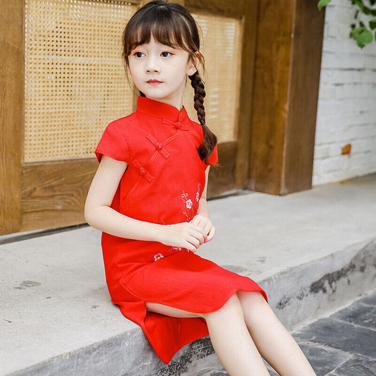 Chinese Childrens Girls China Red Cherry Blossom Qipao Cheongsam Dress gcd25