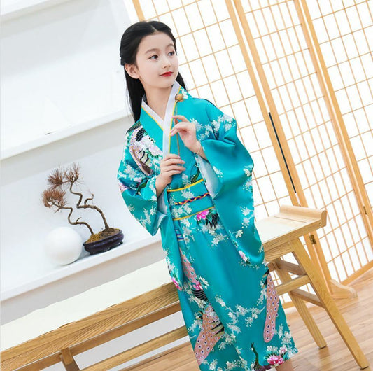 New Japanese Childrens Girls Aqua Blue wth Peacock Print Long Kimono Outfit gjk1