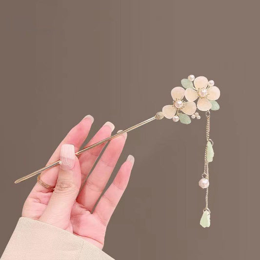 Exquisite Golden Hair Chopstick with Glass Flowers & Green Leave Dangling Pearls