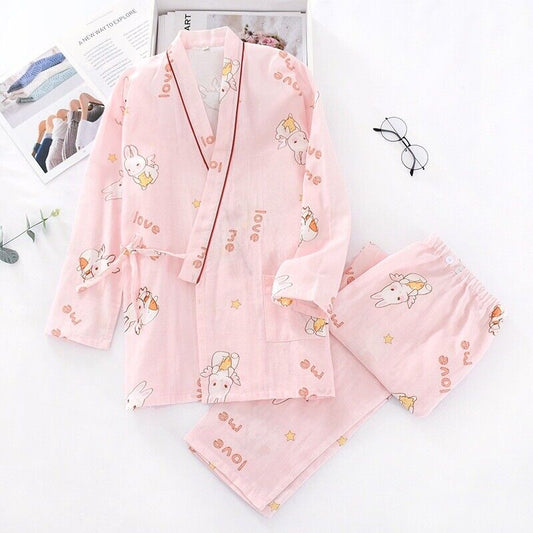 New Chinese Japanese Winged Rabbits Pink Long Ladies Kimono Pyjamas ladpj314