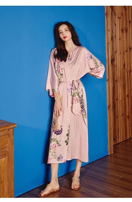 Satin Chinese Japanese Luxurious Pink Peacock Prints Trim Kimono Dressing Gown