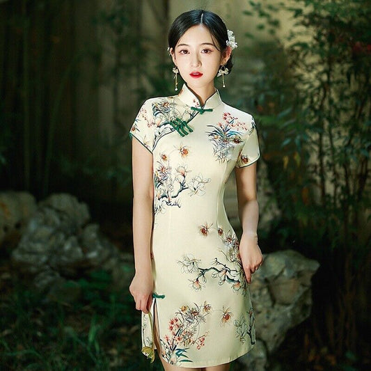 Ladies Spring Green Floral Prints Short Chinese Style Qipao Cheongsam Dress