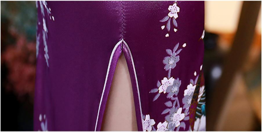 New Luxurious Purple Satin Phoenix Chinese Short Dress Cheongsam Qipao lcdress78