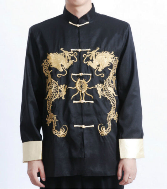 Chinese Oriental Mens Kung Fu Satin Black Golden Dragon Top Long Shirt cmssh16