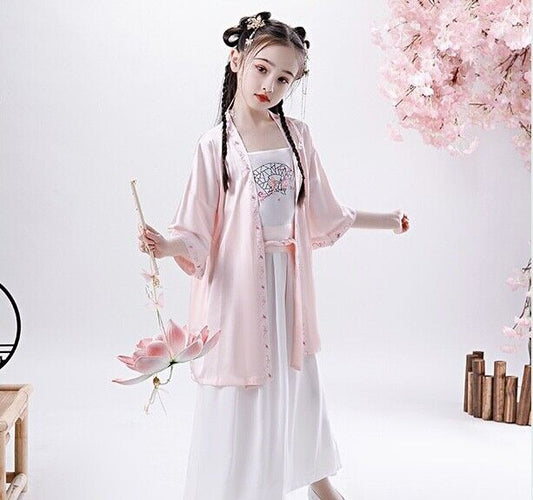 Chinese Childrens Girls Cherry Blossom Floral and Fan Prints Pink Handfu Dress