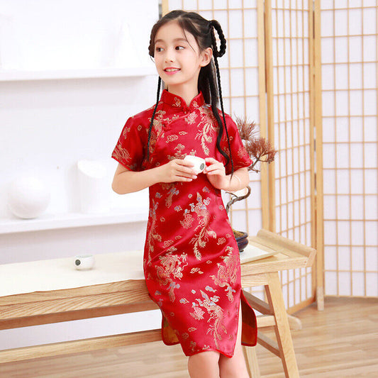 China Red Childrens Girls Chinese Asian Gold Dragons Satin Qipao Cheongsam Dress