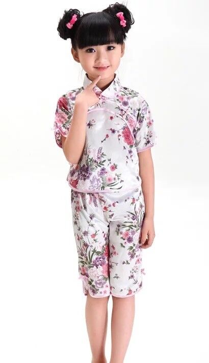 Chinese Japanese  Childrens Girls White Floral Top & Trousers Pyjama Set cgps2