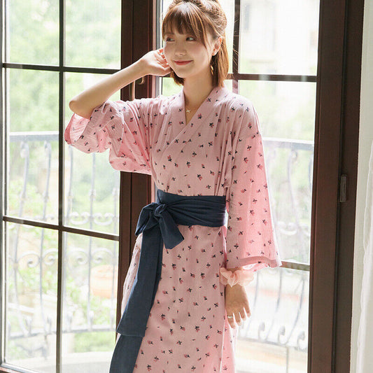 New Chinese Japanese Ladies Pink With Floral Prints Kimono Robe Gown ladpj351