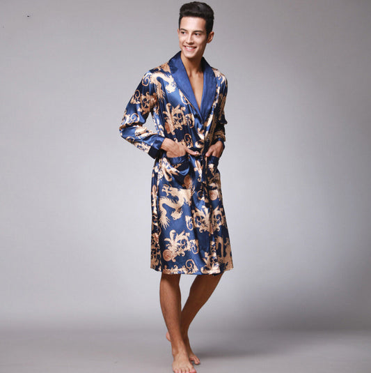 Mens Chinese Japanese Oriental Gold Dragons Blue Bathrobe Dressing Gown