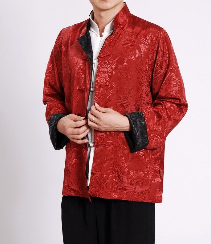 Double Sided Chinese Oriental Mens Kung Fu Satin Dragon Top Long Shirt cmssh