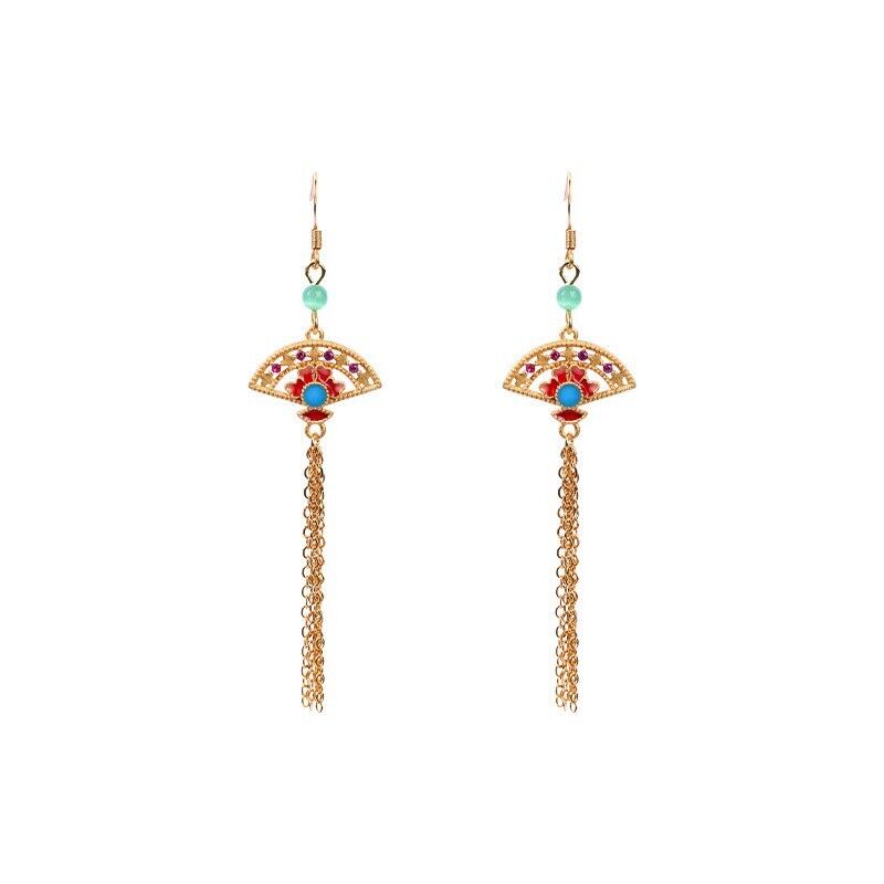 New Chinese Regal Fan-Shaped Tassel Earrings with Turquoise and Coral Beads