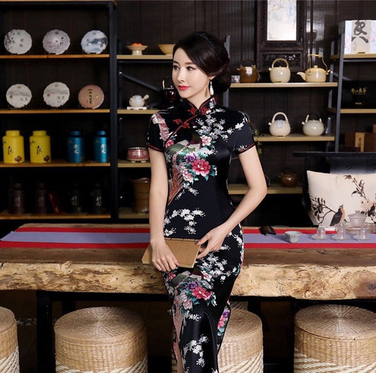 New Luxurious Black Satin Phoenix Chinese Long Dress Cheongsam Qipao lcdress49