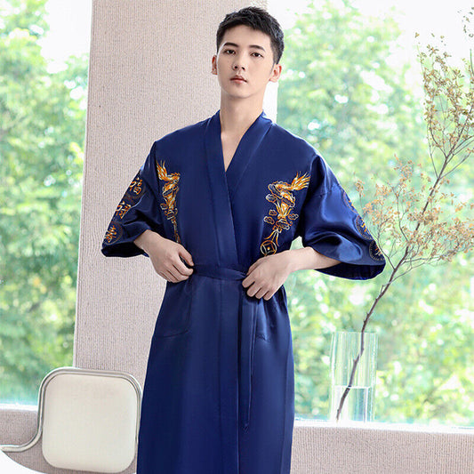 New Mens Royal Blue Satin Chinese Dragons Bathrobe Gown
