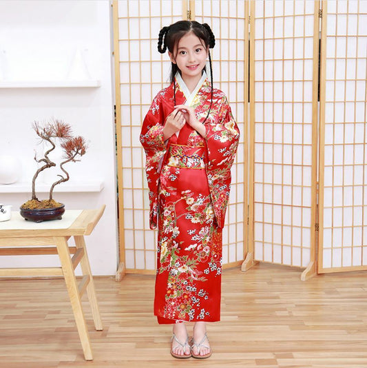 New Japanese Childrens Girls Red with Flower Prints Long Kimono Outfit gjk2
