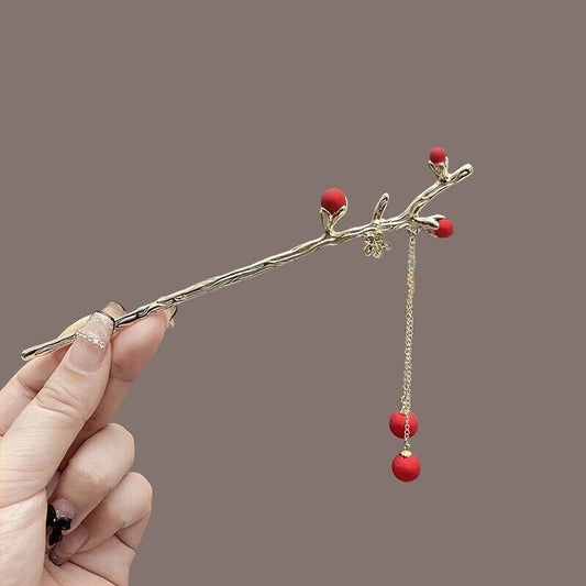 New Exquisite Golden Hair Chopstick with Red Cherry Blossom and Dangling