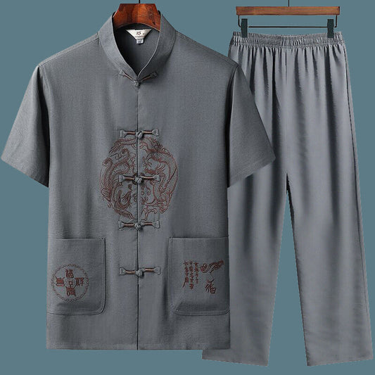 Chinese Oriental Mens Kung Fu Dark Grey Dragon Top Short Shirt Matched Trousers