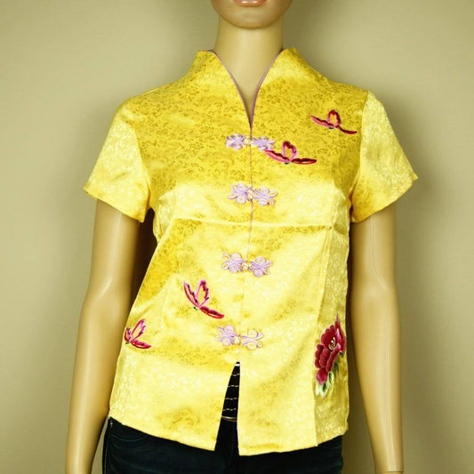 New Royal Yellow Traditional Chinese Oriental Satin Peony Flower Top Cheongsam