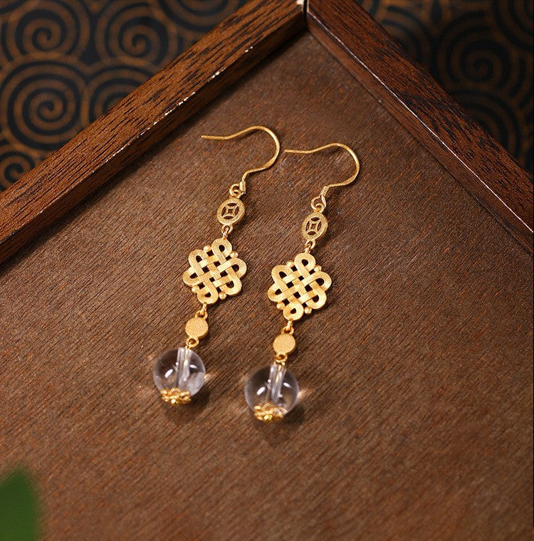 Elegant Chinese Knot Drop Earrings with 24K Gold Plating and White Crystal Beads