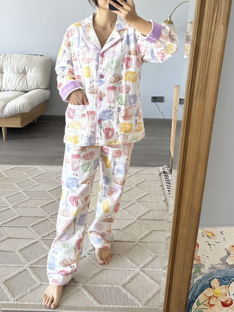 Luxury Ladies Brushed Cotton Pyjamas with Whimsical Pastel Dessert Pattern