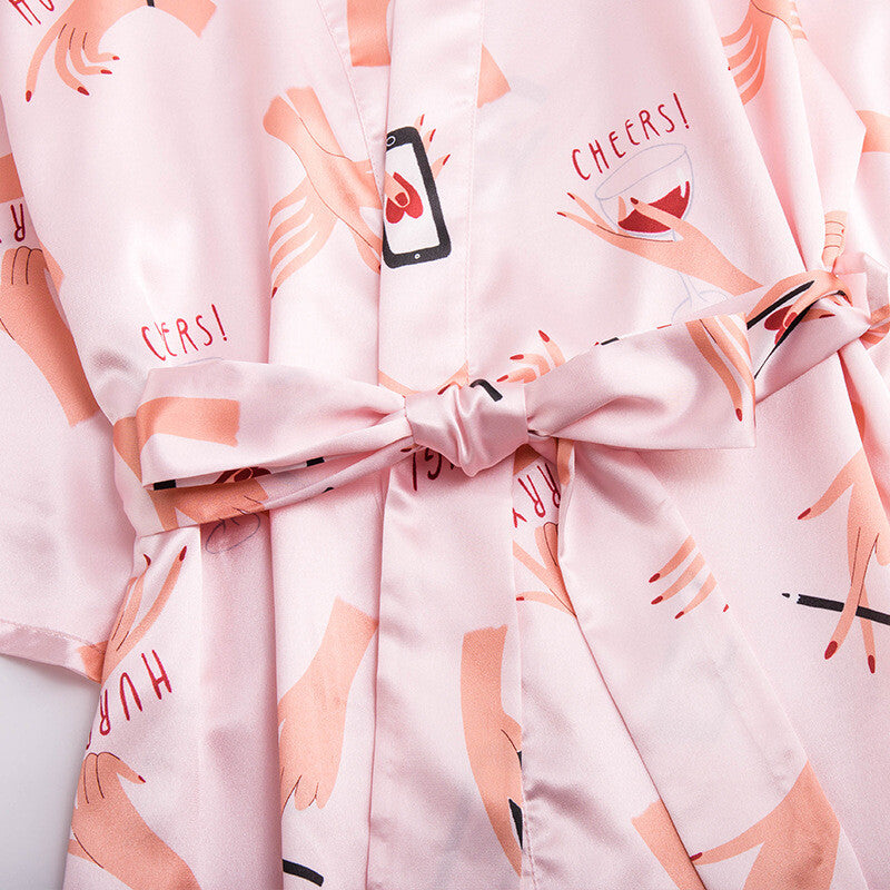 New Ladies Womens Satin Hand Gestures Gown Dressing Gown Bath Robe ladpj303