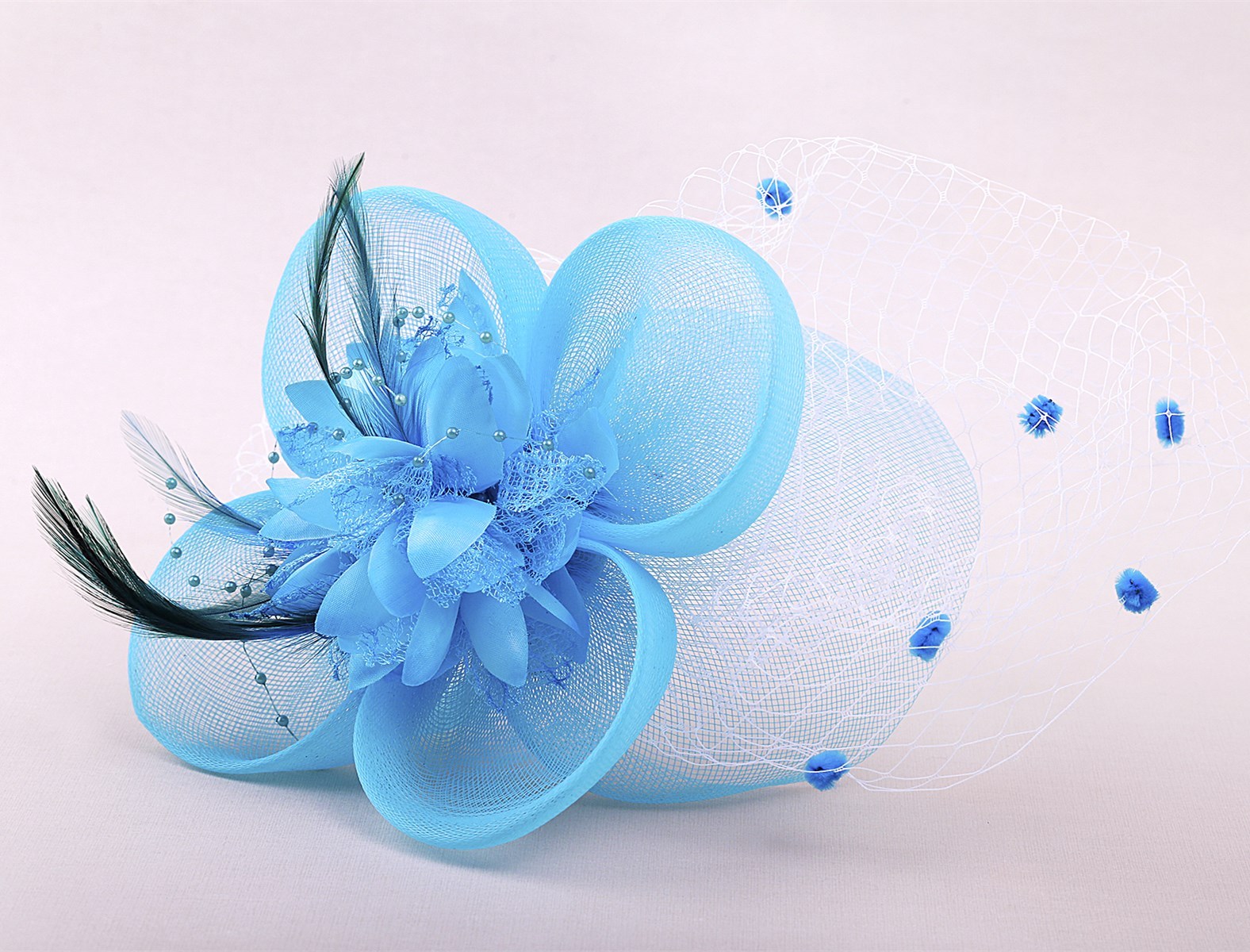 New Blue Flowers Netting Feather Ladies Wedding Ascot Fascinator Hair Clip hfac7