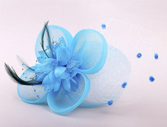 New Blue Flowers Netting Feather Ladies Wedding Ascot Fascinator Hair Clip hfac7