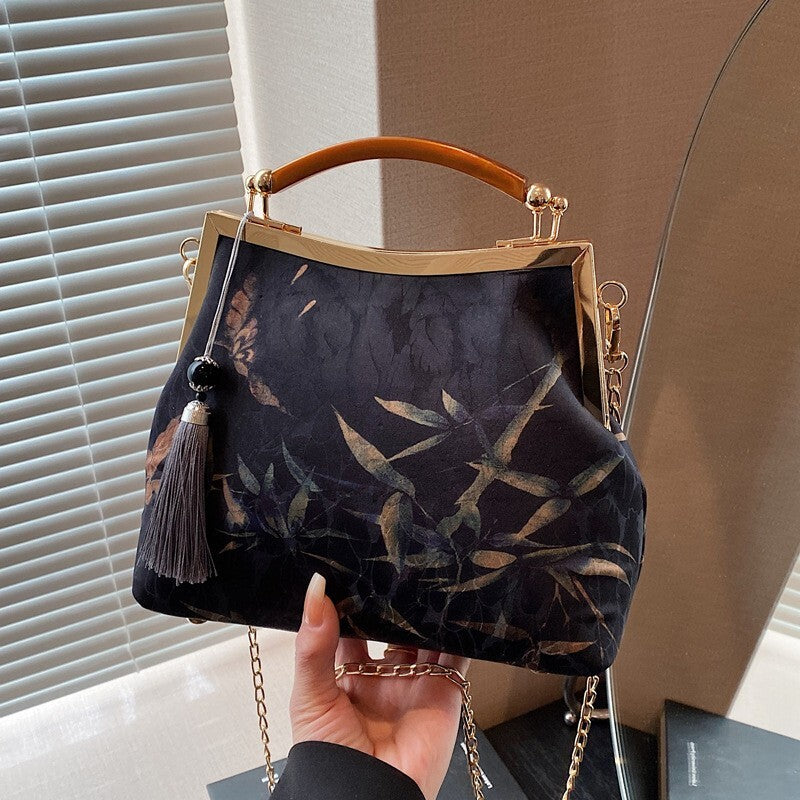 Elegant Chinese Style Handbag Handmade Xiangyun Silk Frame with Bamboo Print