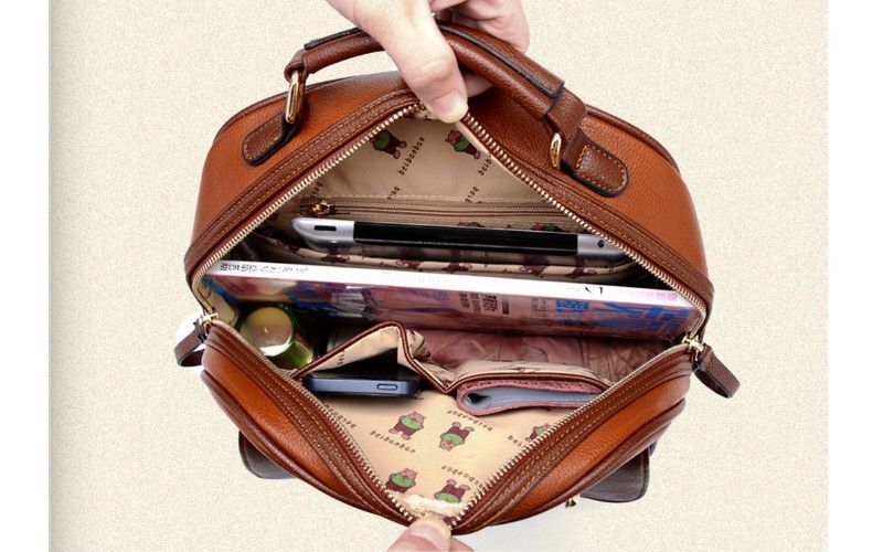 Ladies Brown Backpack Bag Gold Buckles Front Pocket Handle & Straps
