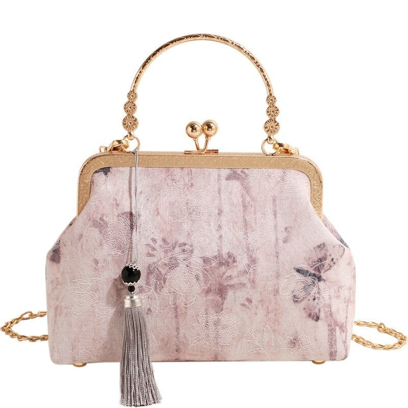 Vintage Chinese Brocade Handbag in Blush Pink with Butterfly Motif & Tassel