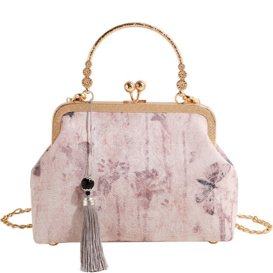 Vintage Chinese Brocade Handbag in Blush Pink with Butterfly Motif & Tassel
