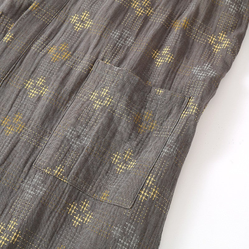 Men’s Kimono Robe in Coffee Brown with Gold Cross-Stitch Pattern & Yellow Lining