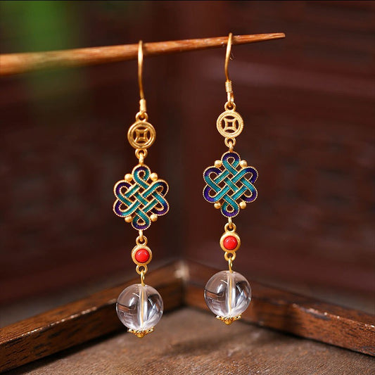 Elegant Chinese Knot Drop Earrings with 24K Gold Plating and White Crystal Beads