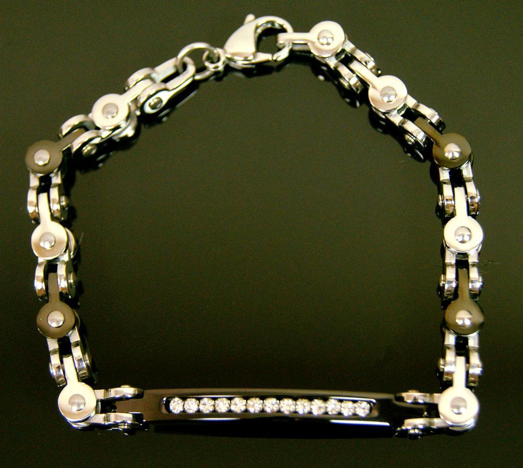 8.5" Bike Chain Style Metal Silver Sterling Steel Mens Diamonte Link Bracelet