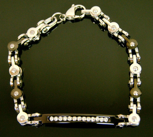 8.5" Bike Chain Style Metal Silver Sterling Steel Mens Diamonte Link Bracelet