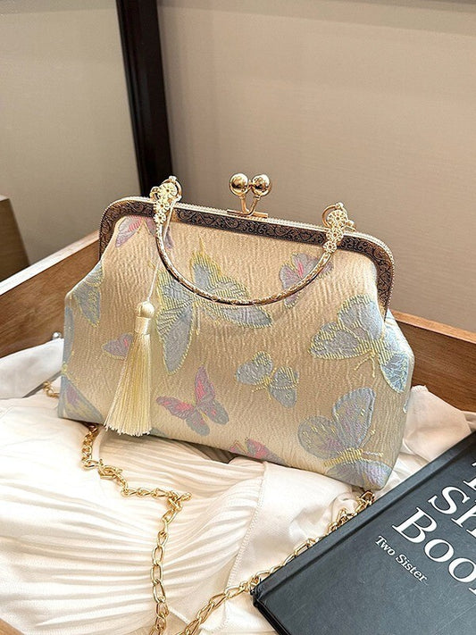 Ivory Brocade Frame Handbag with Chinese Butterfly Embroidery and Tassel