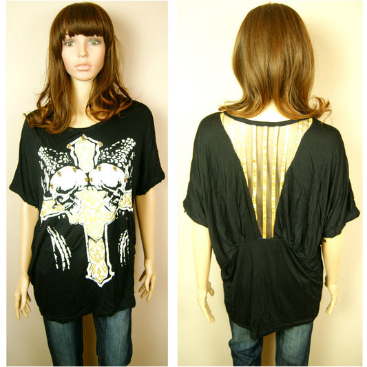 8-12 Womens Ladies Black Golden Cross Skull Studs In Black Loose Top T-Shirt